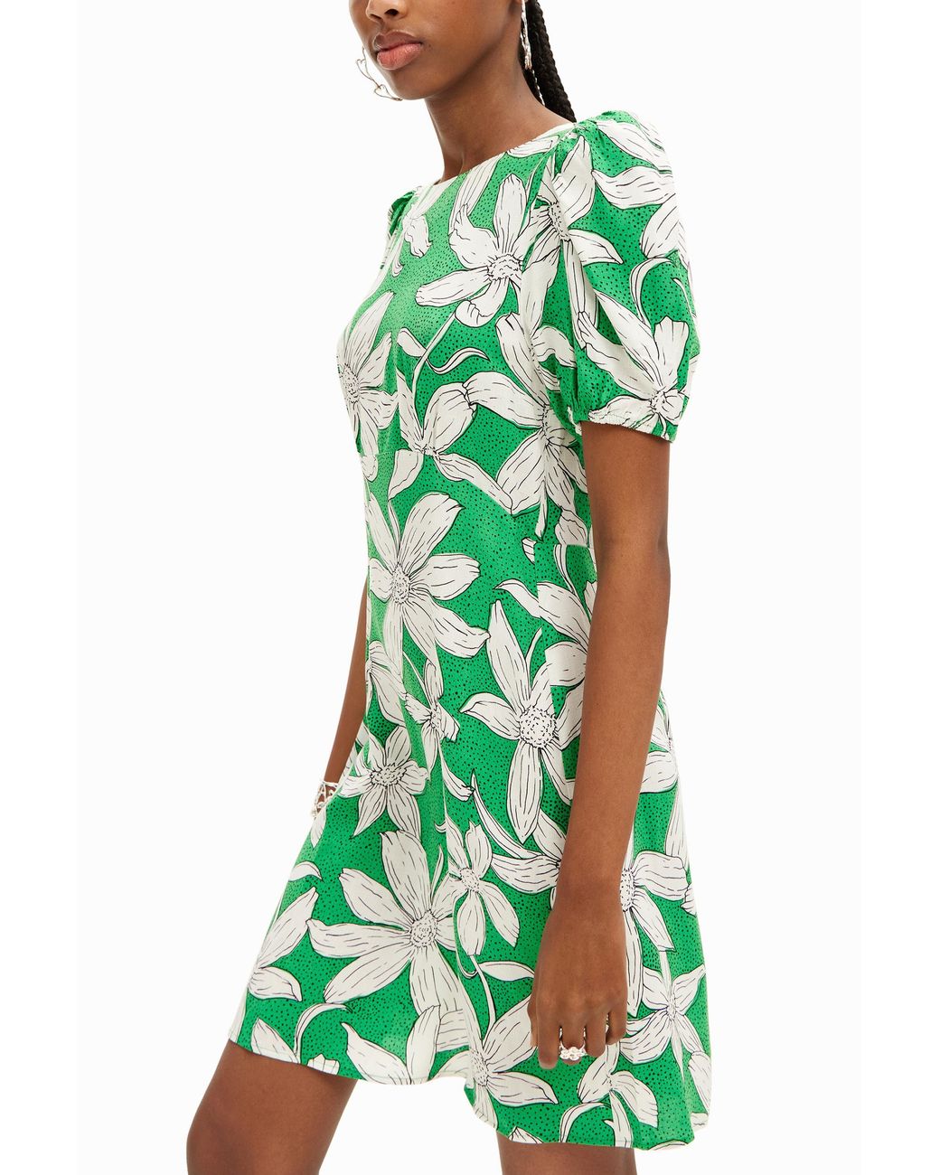 Desigual Green Short Floral Dress, Viscose
