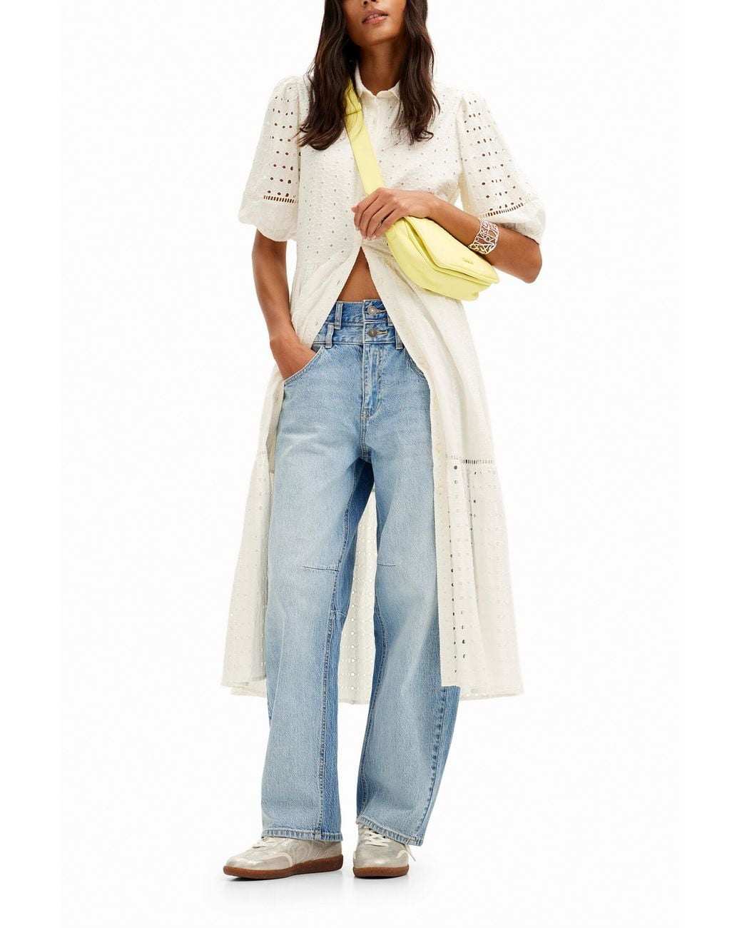 Desigual White Embroidered Midi Shirt Dress, Cotton