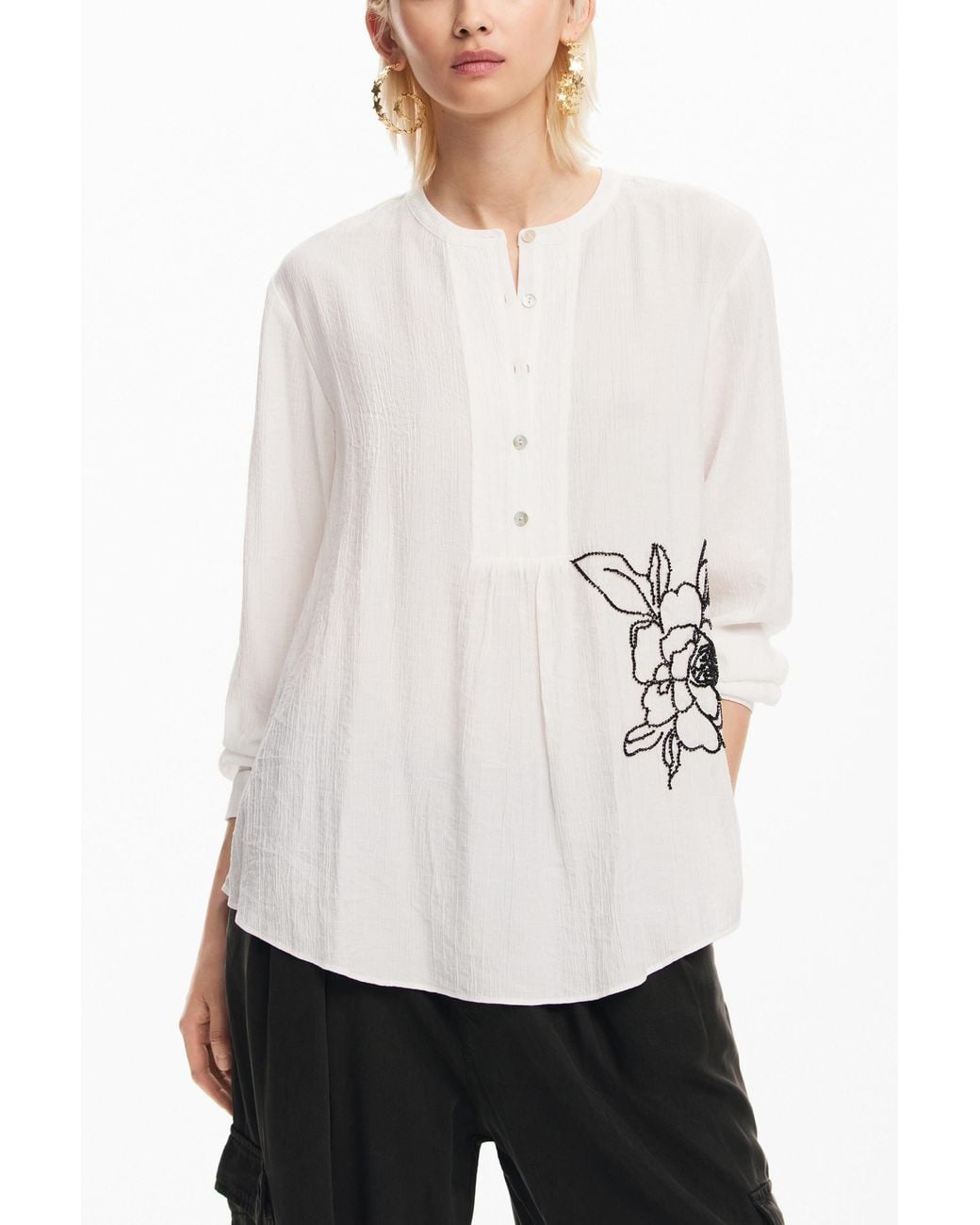 Desigual White Embroidered Flower Blouse