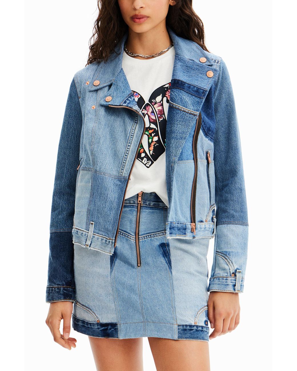 Desigual Blue Upcycled Denim Biker Jacket, Cotton