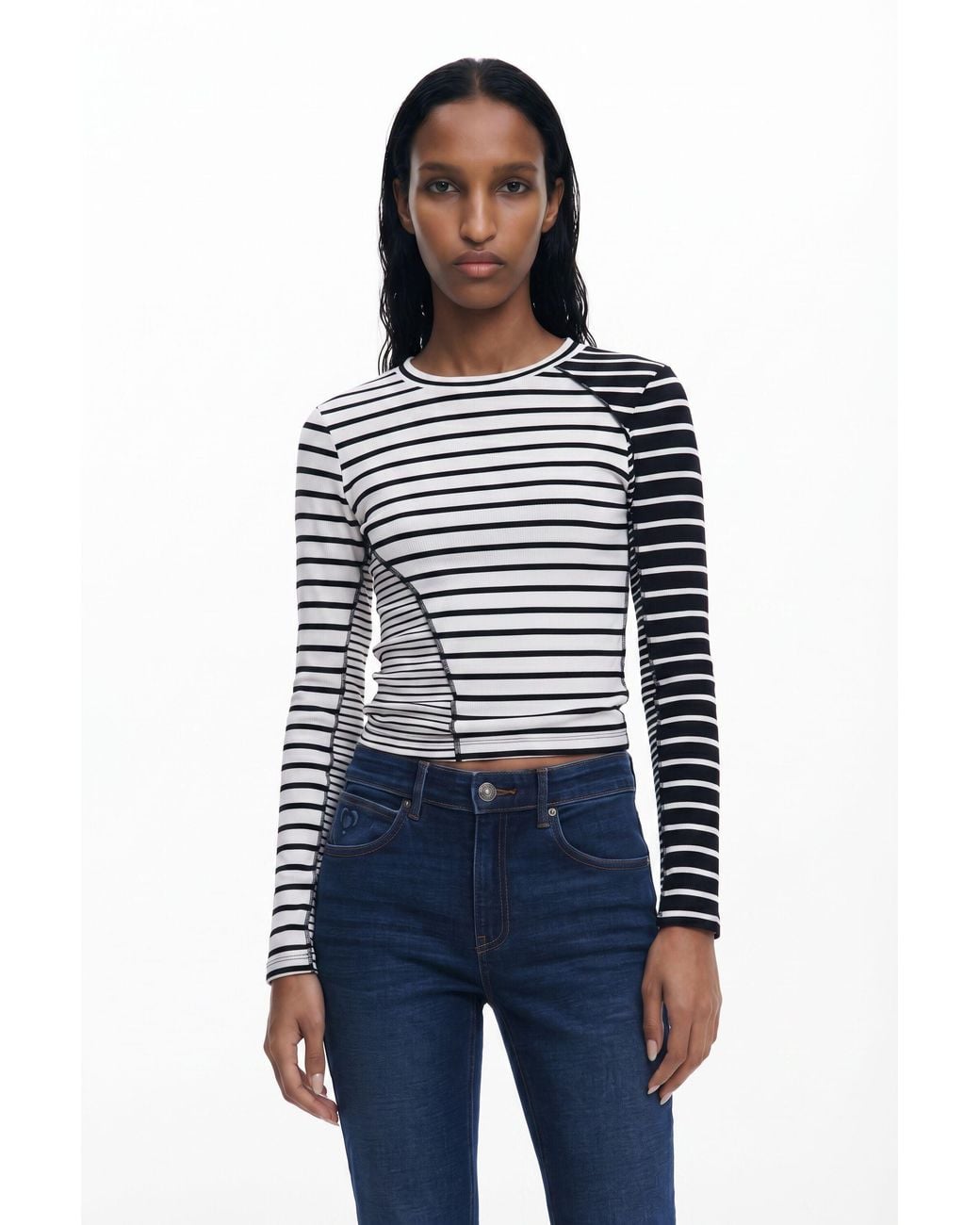 Desigual Blue Asymmetric Striped T-Shirt, Cotton