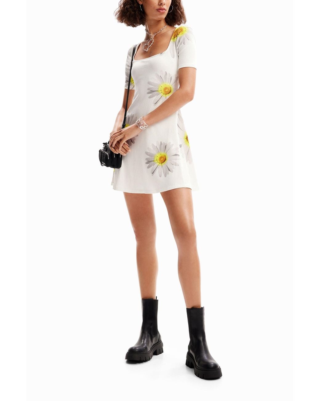 Desigual White Short-Sleeve Dress With Daisies Designed By: M. Christian Lacroix, Viscose