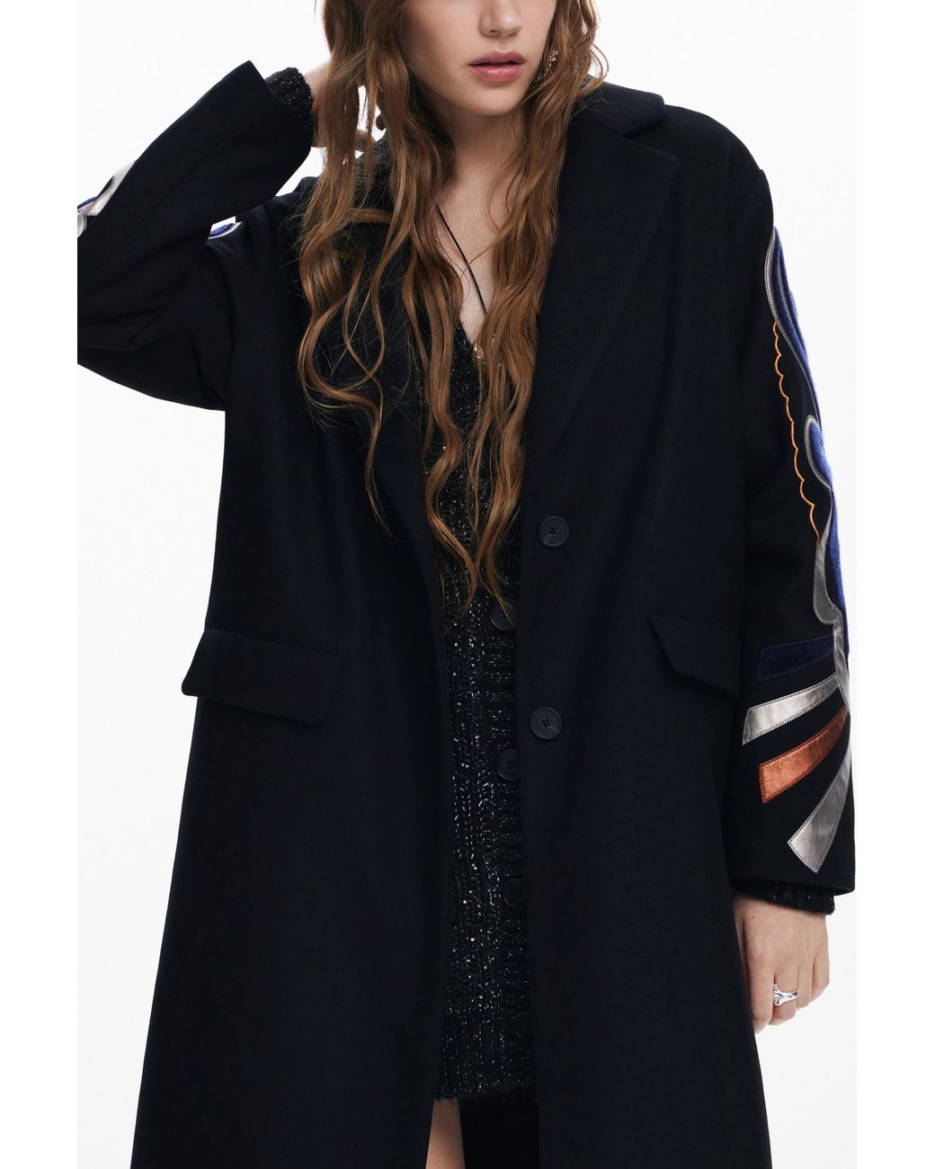 Desigual Blue Coat With Printed Sleeves