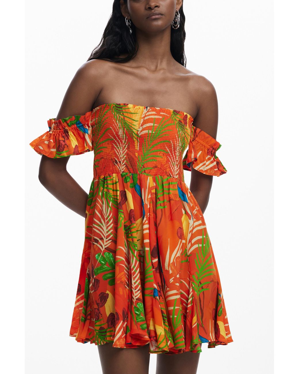 Desigual Orange Bardot Mini Dress, Viscose
