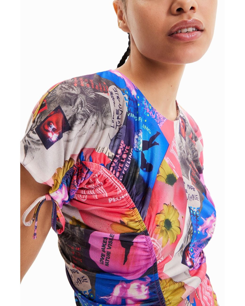 Desigual White Slim Ruched Collage Mini Dress, Polyester