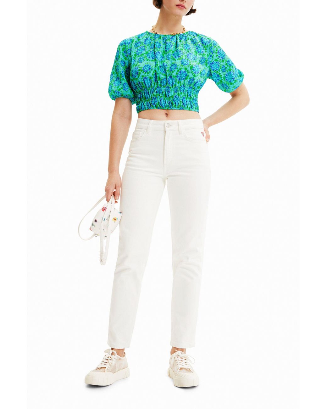 Desigual Blue Short Tie-Dye Puff-Sleeve Blouse, Polyester