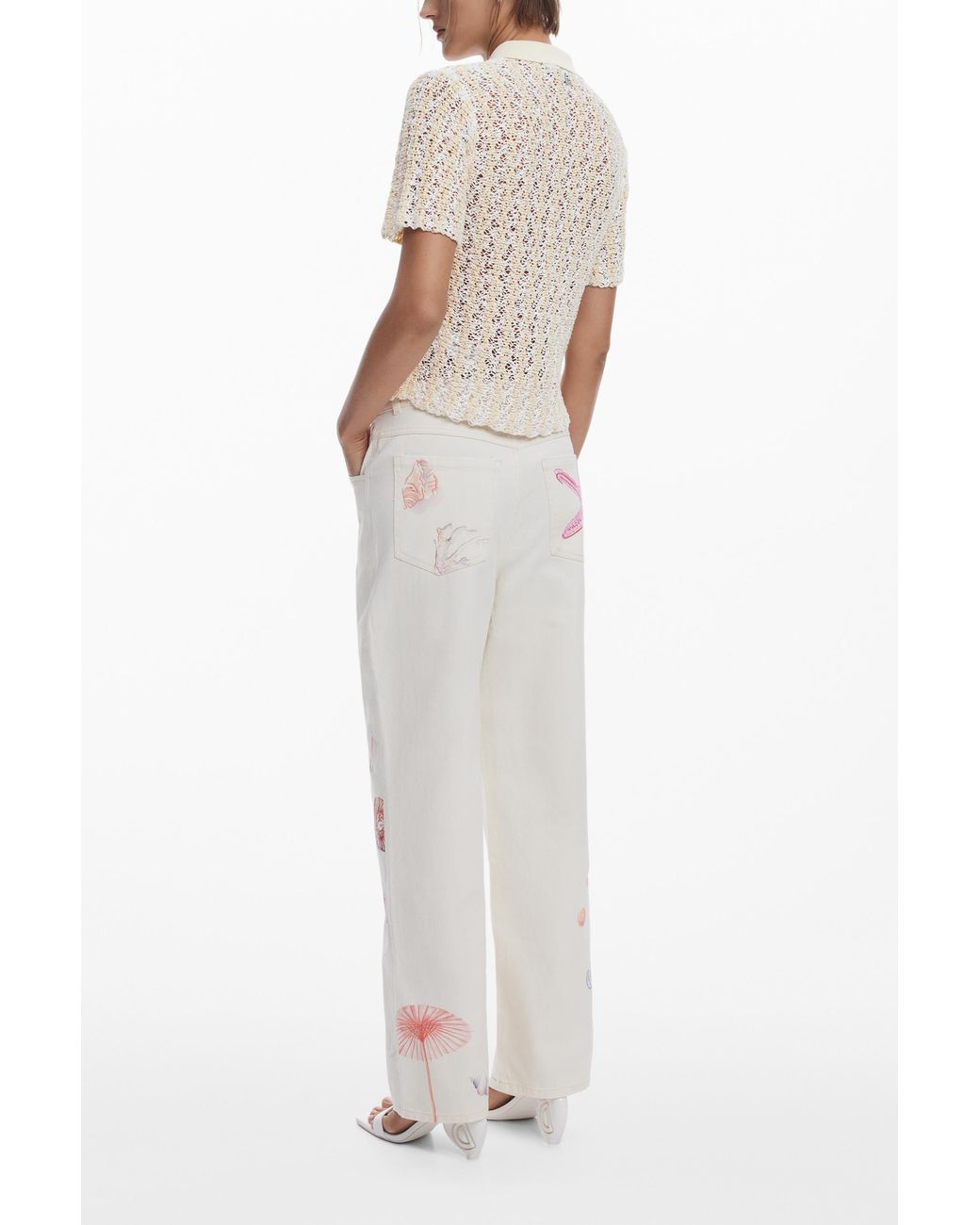 Desigual White Straight Pants With Sea Stars, Cotton