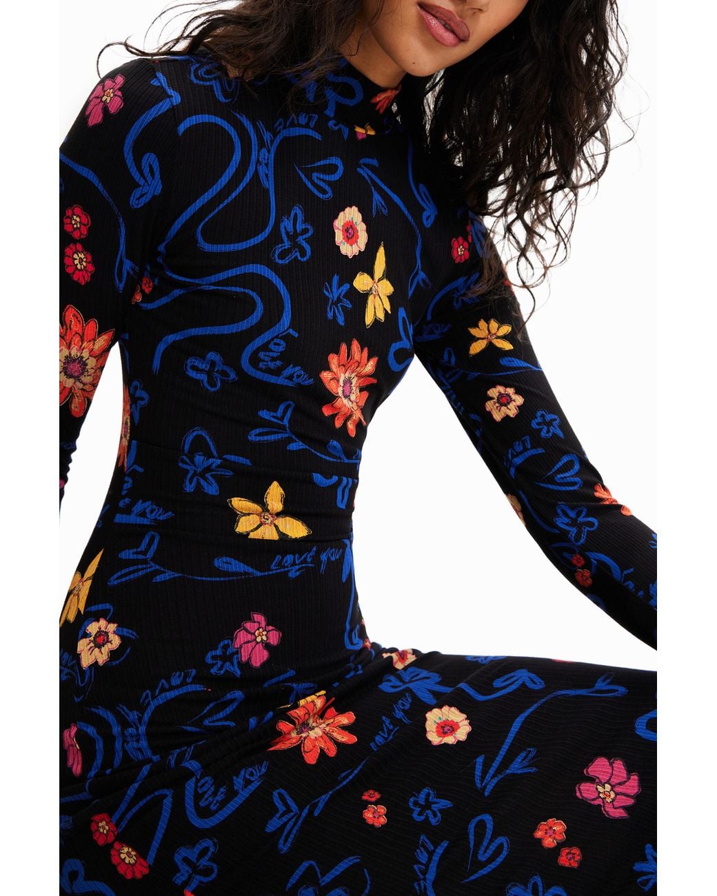 Desigual Blue Slim Floral Midi Dress, Viscose