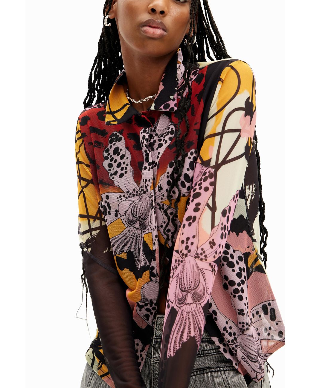 Desigual Red Long-Sleeved Shirt With And Flowers. Polyester