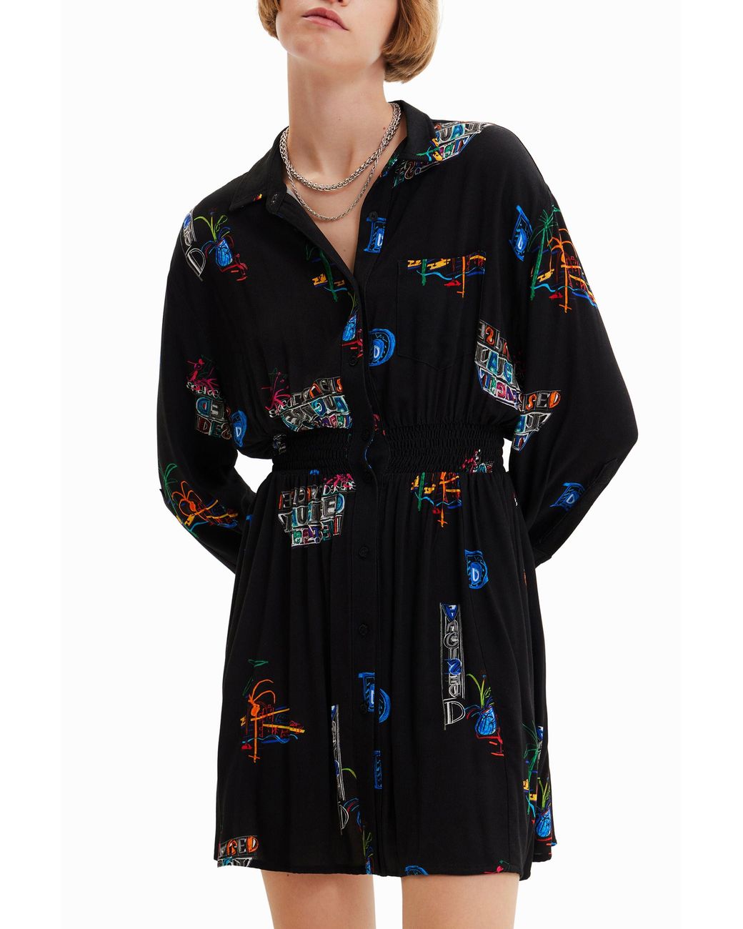 Desigual Black Short Illustration Shirt Dress, Viscose