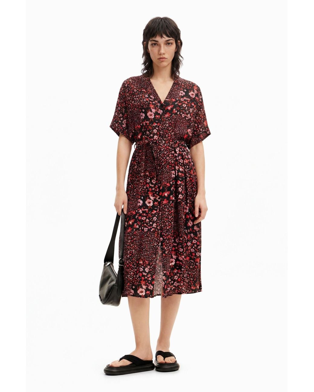 Desigual Red Floral Midi Shirt Dress, Viscose