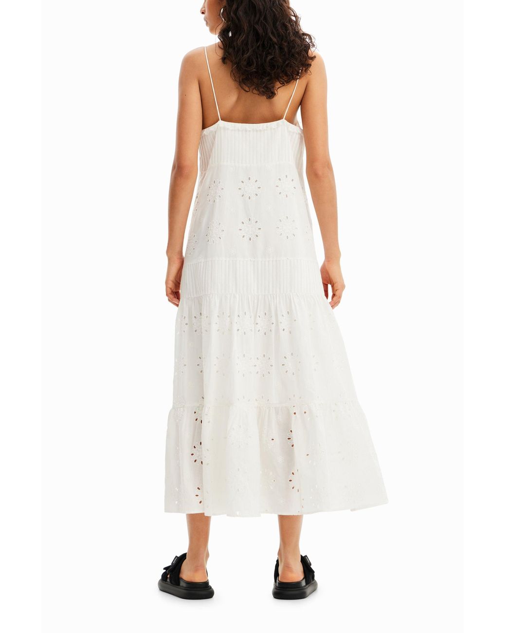 Desigual White Swiss Embroidery Midi Dress, Cotton