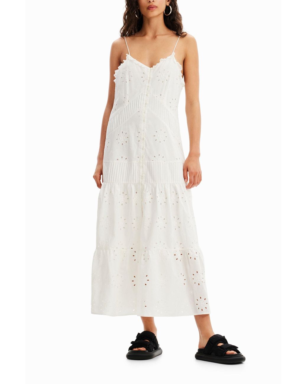 Desigual White Swiss Embroidery Midi Dress, Cotton