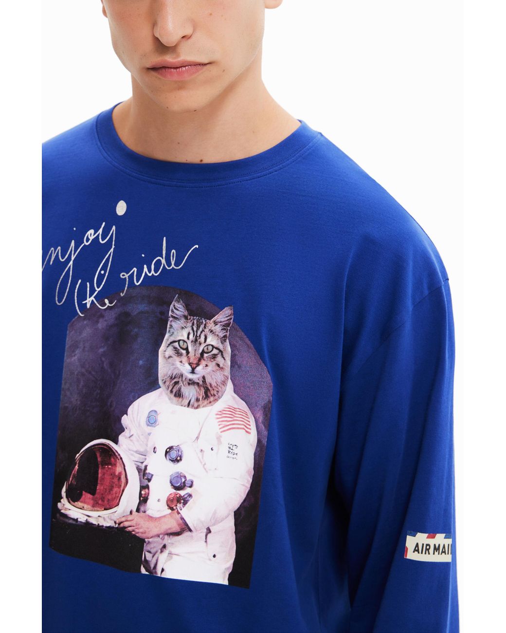 Desigual Blue Oversize Astronaut Cat T-Shirt, Cotton for men
