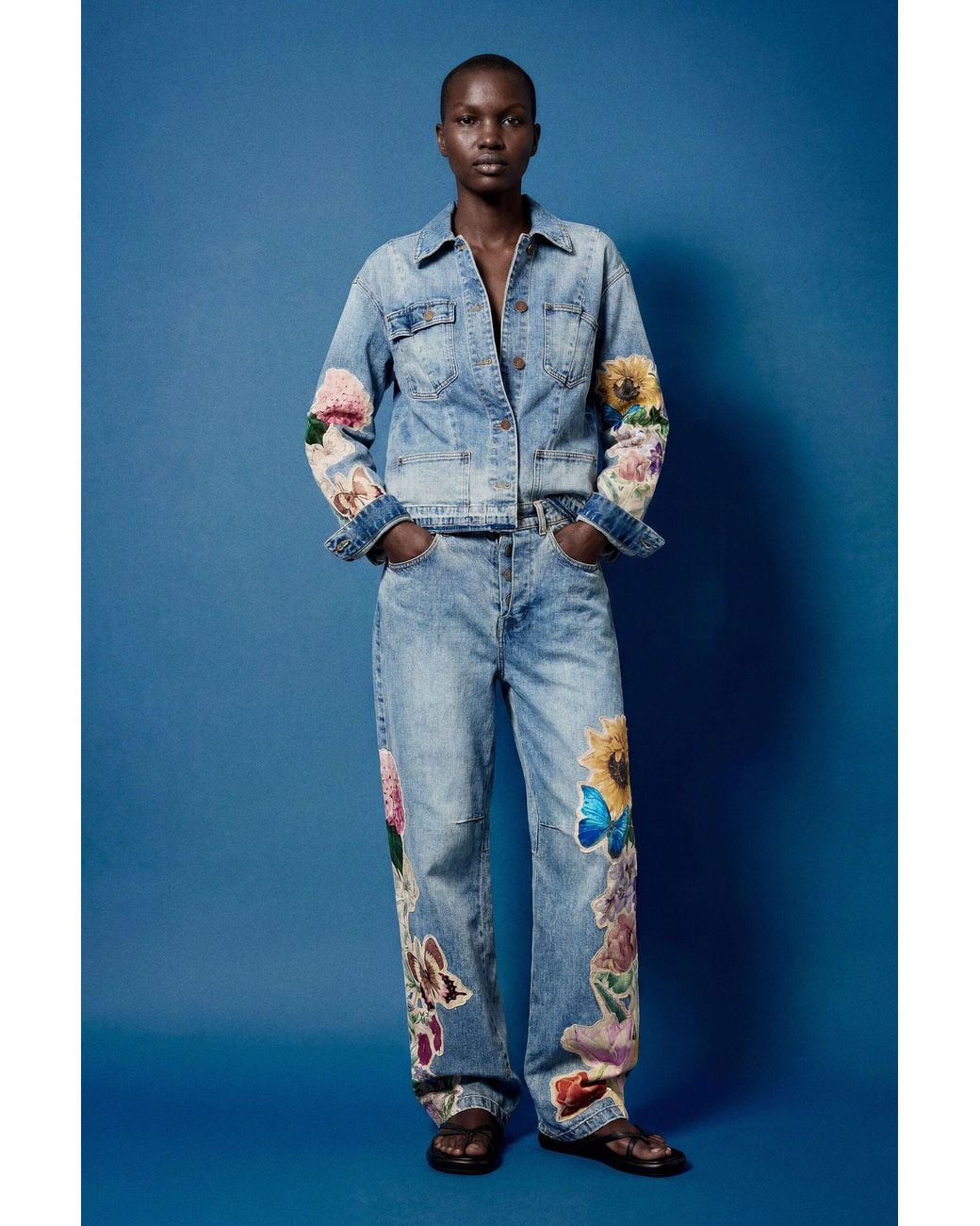 Desigual Blue Embroidered Denim Jacket, Cotton
