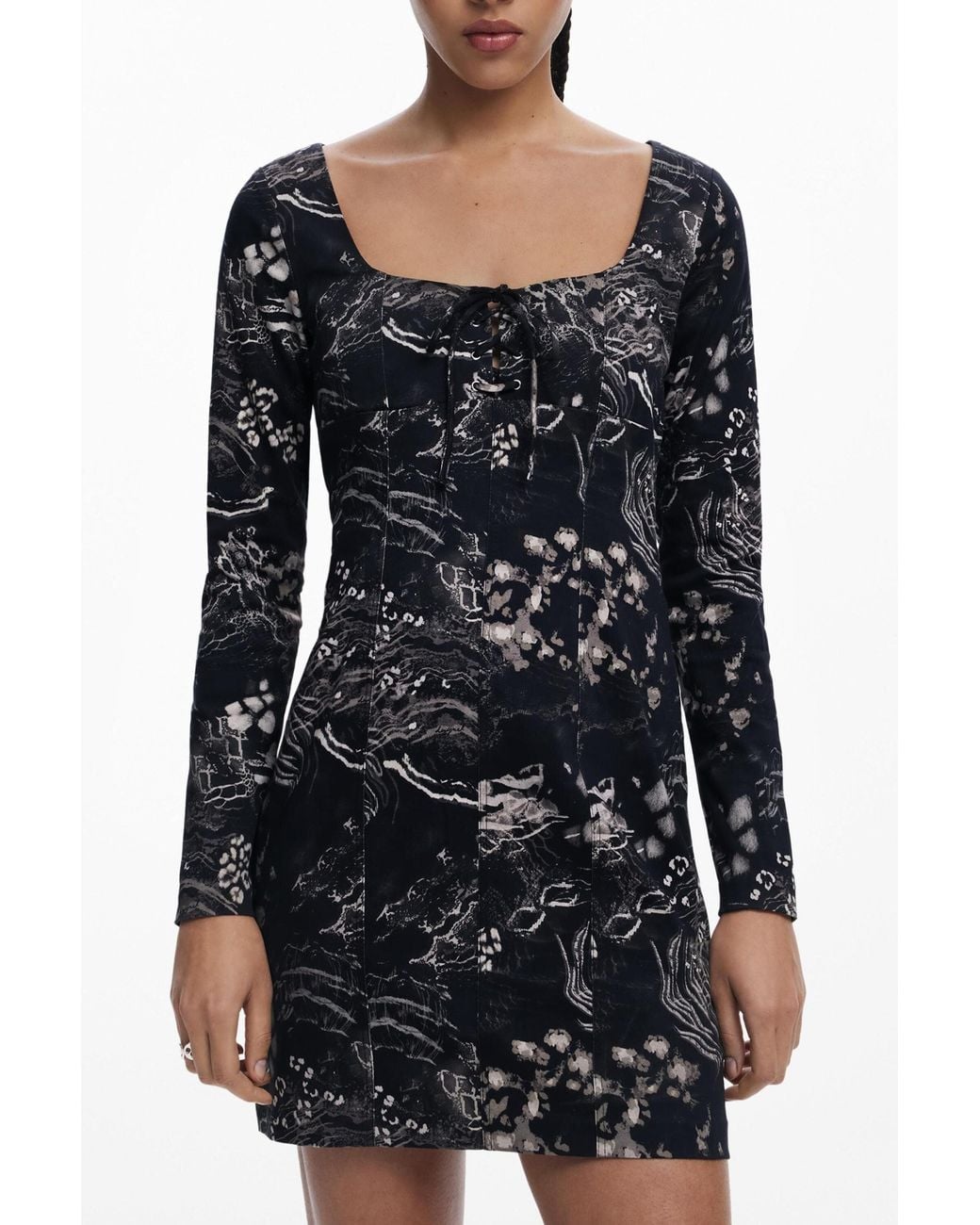 Desigual Black Short Dress With Square Neckline, Cotton