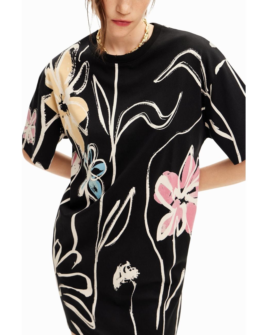 Desigual Black Short Dress With Illustrated Flowers, Cotton