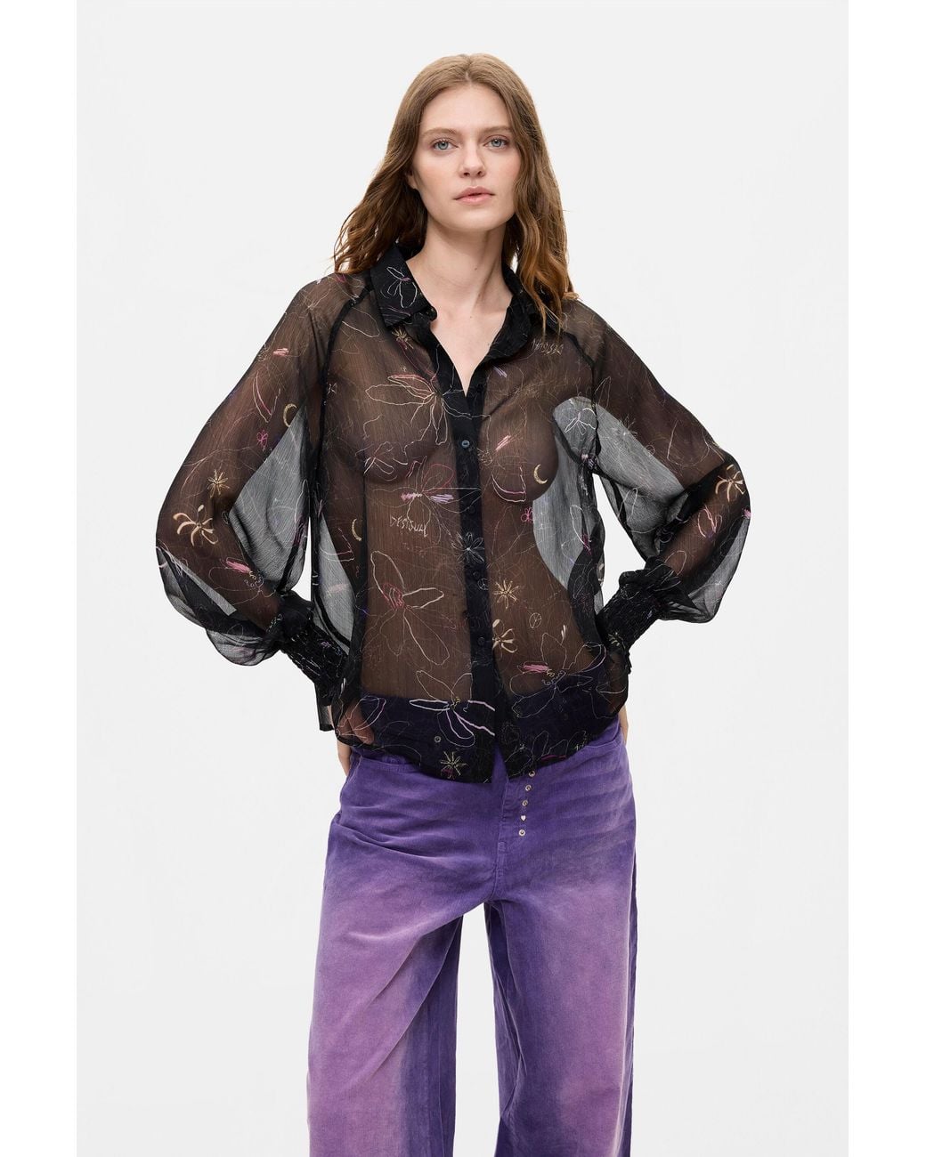 Desigual Black Sheer Floral Blouse, Polyester