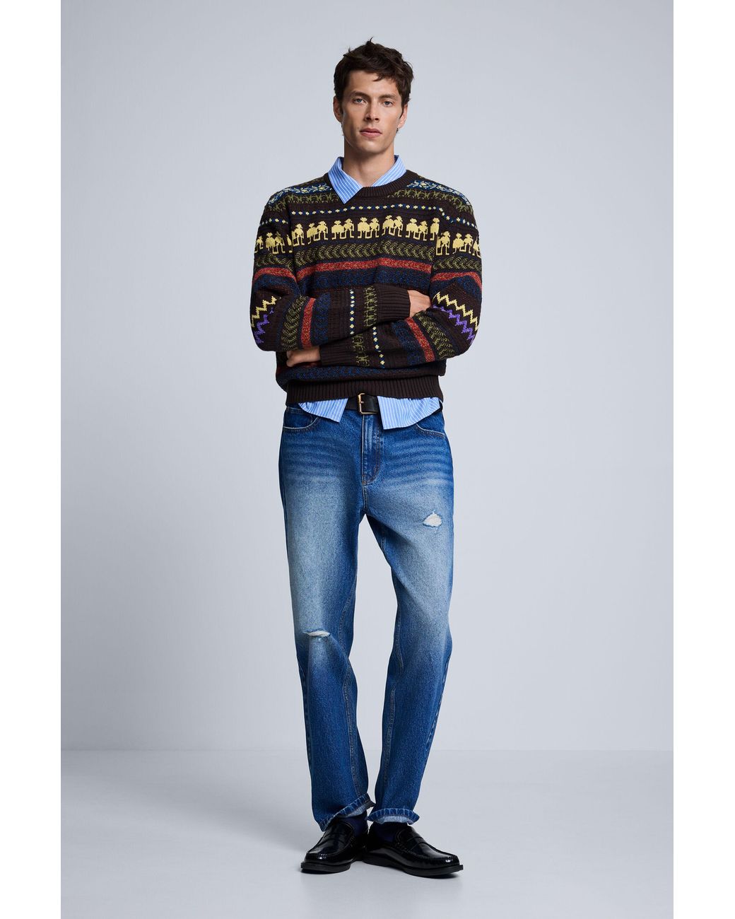 Desigual Blue Sweater With Robots Borders for men