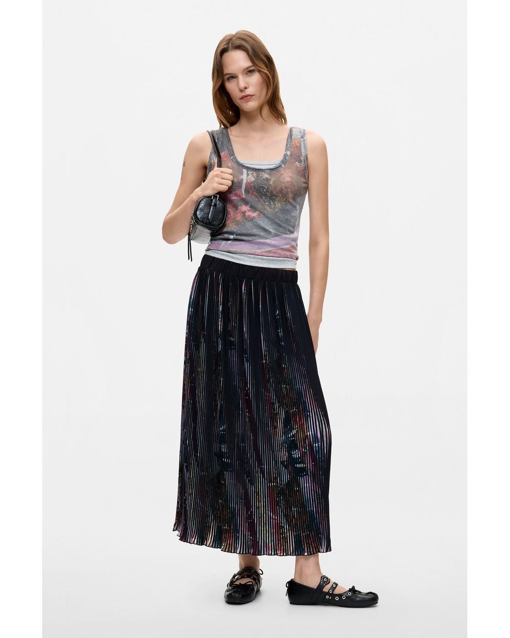 Desigual White Floral Midi Pleated Skirt, Polyester
