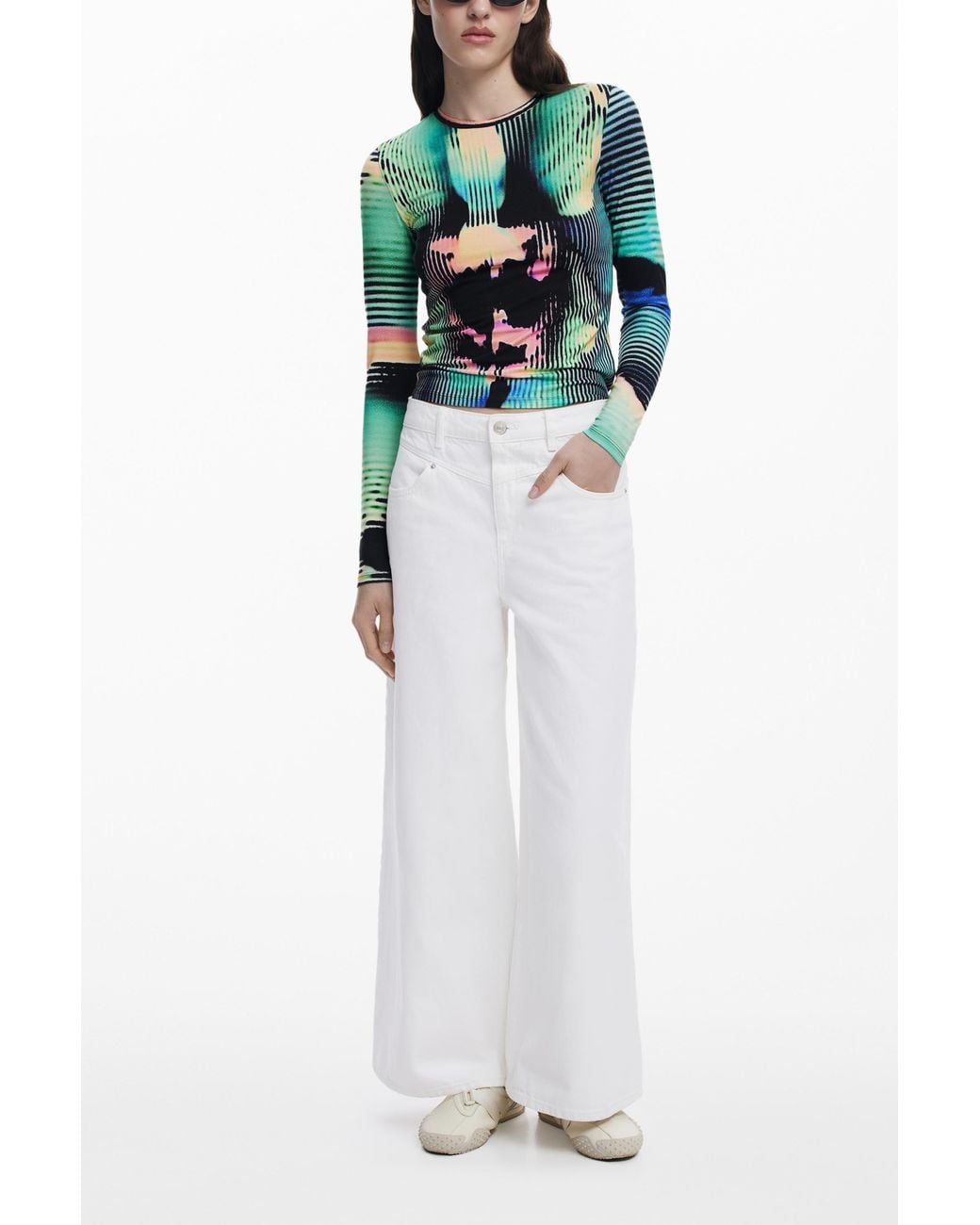 Desigual Green Long-Sleeve Striped T-Shirt, Viscose