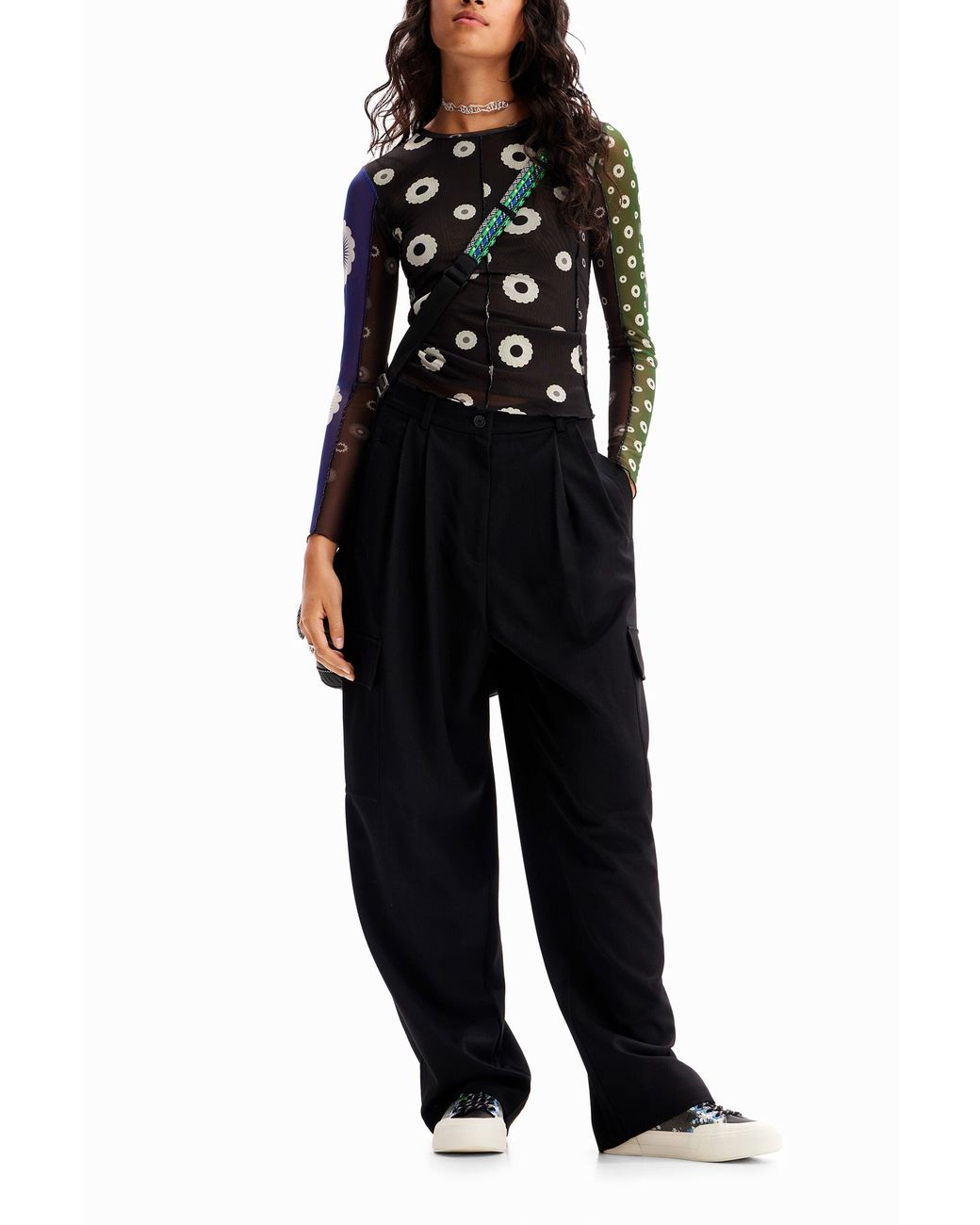 Desigual Black Geometric Tulle Patchwork T-Shirt, Polyester