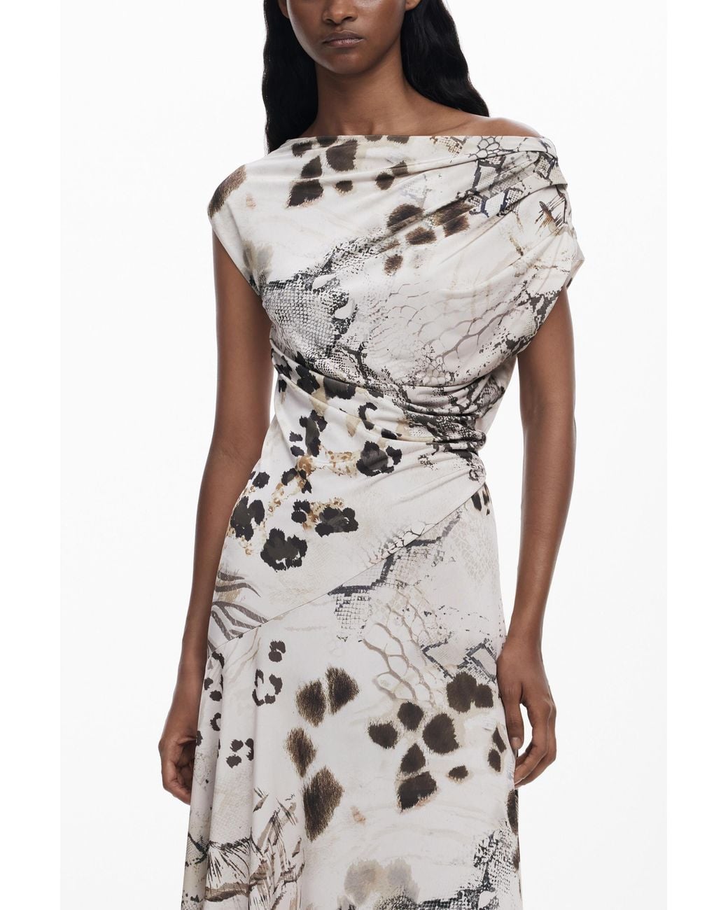 Desigual Brown 2-In-1 Slip Dress Animal Print, Polyester