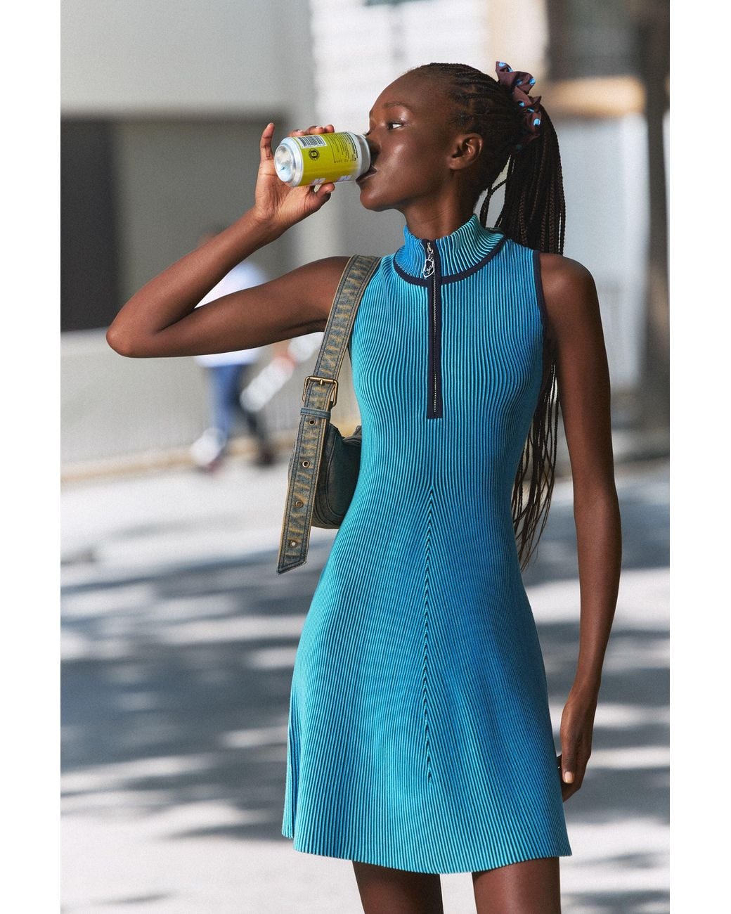 Desigual Blue Iridescent Knit Zipper Dresses