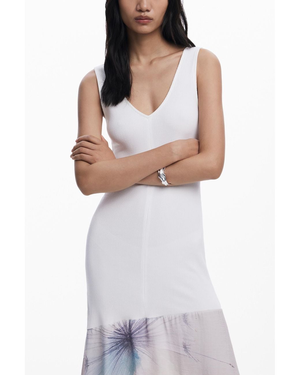 Desigual White V-Neck Combined Dress