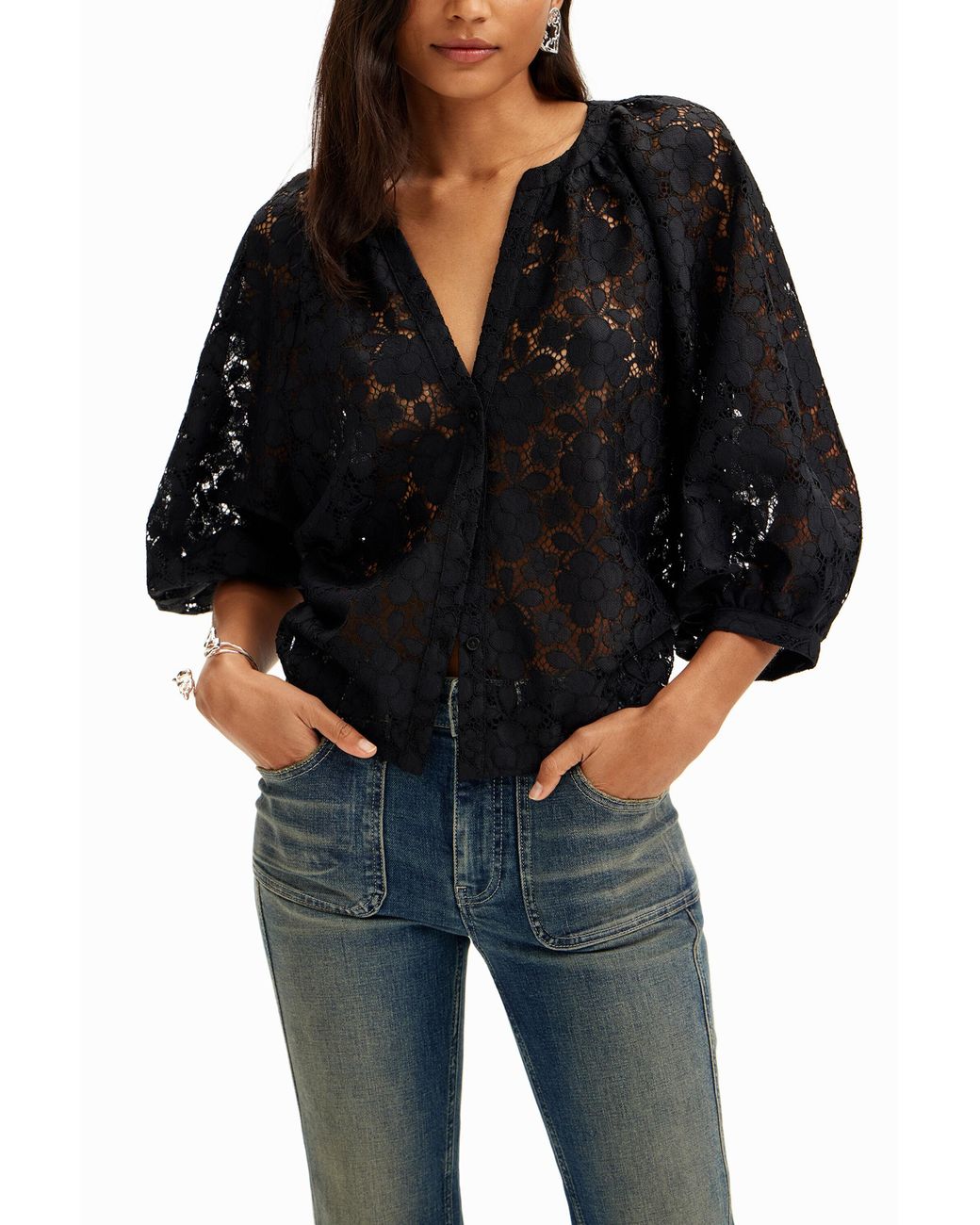 Desigual Black Floral Lace Blouse, Polyester