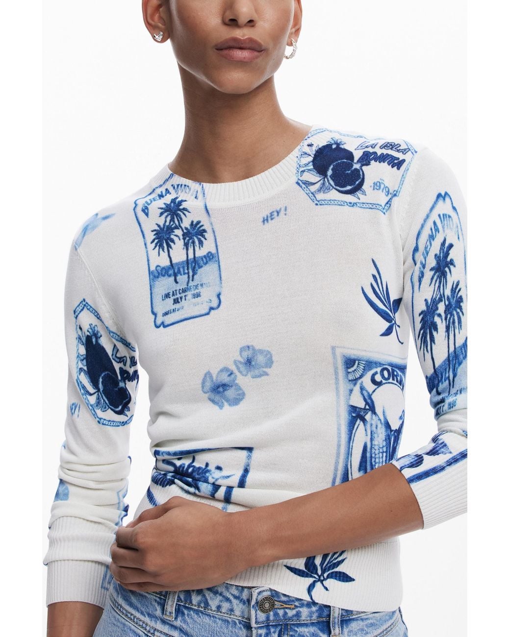 Desigual Blue Tropical Stamps Sweater
