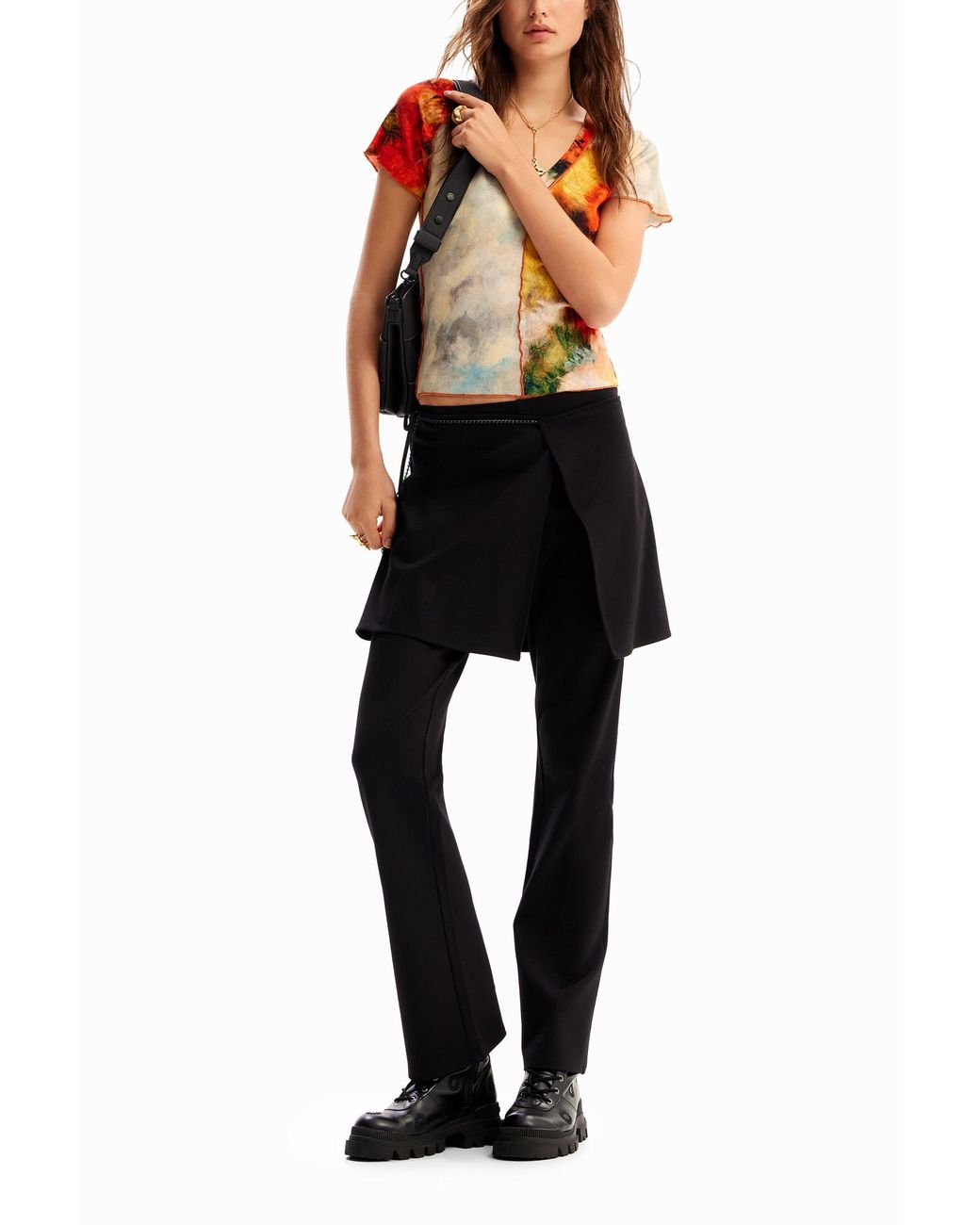 Desigual Orange Slim Short-Sleeve Patchwork Floral T-Shirt, Cotton