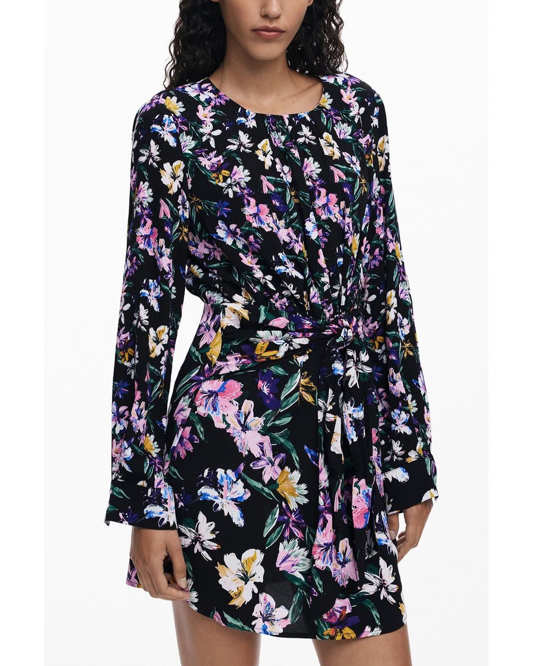 Desigual Blue Floral Knot Short Dress, Viscose