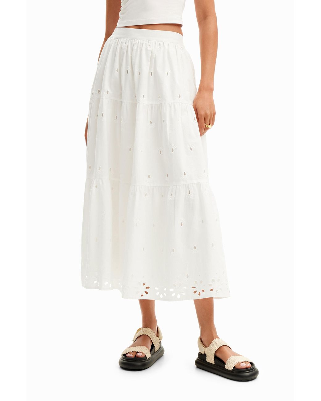 Desigual White Swiss Embroidery Midi Skirt, Cotton