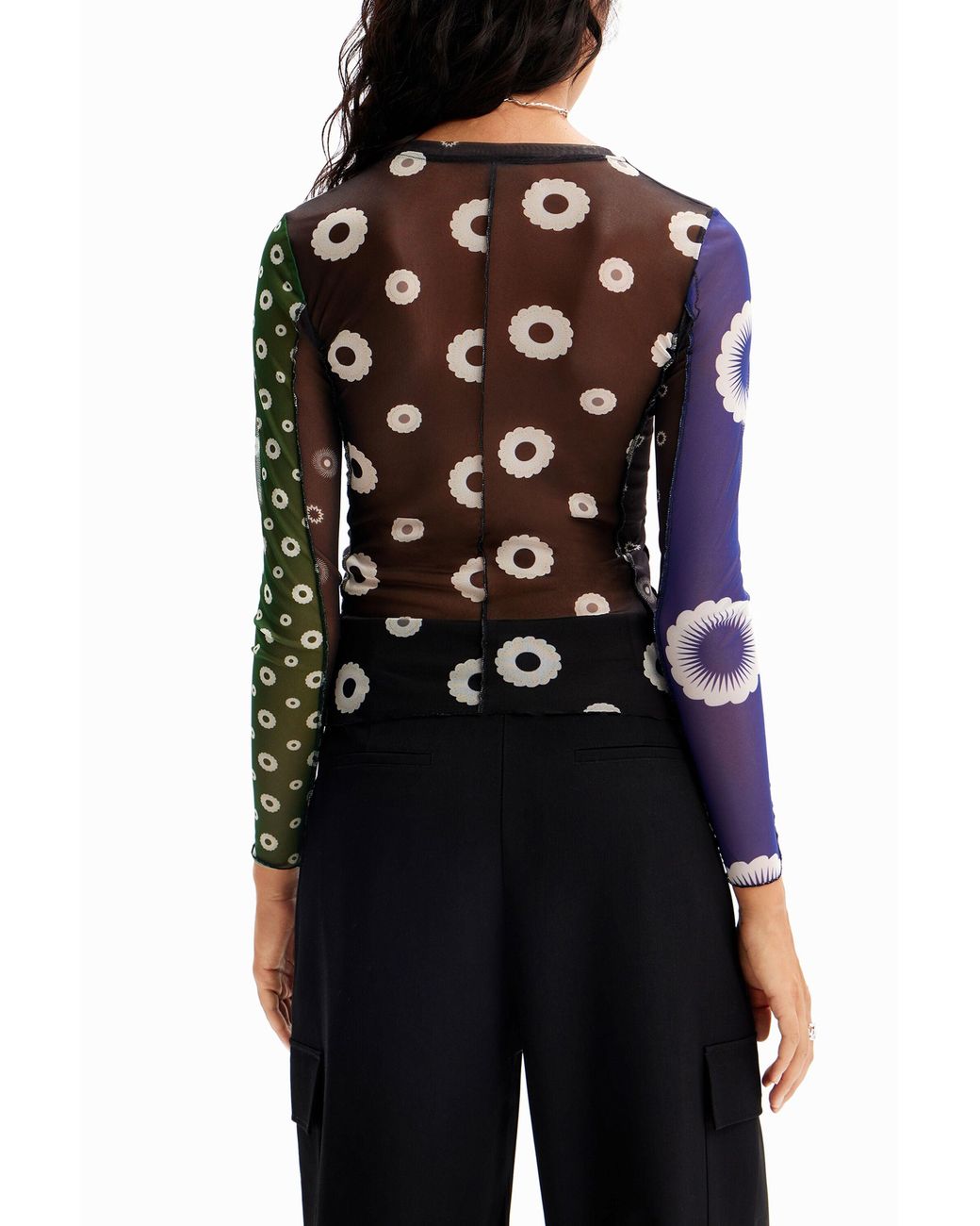 Desigual Black Geometric Tulle Patchwork T-Shirt, Polyester