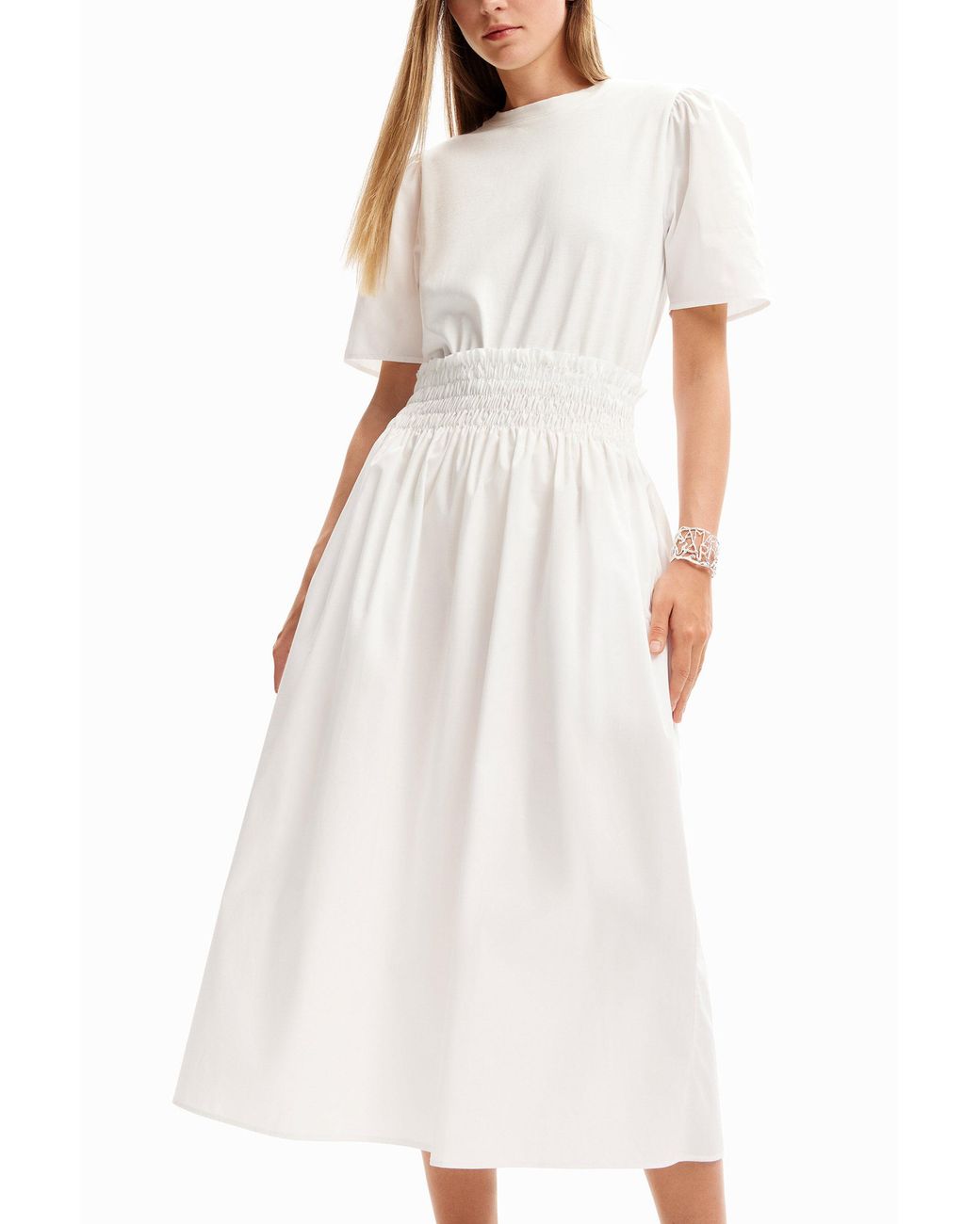 Desigual White Plain Combination Midi Dress, Cotton