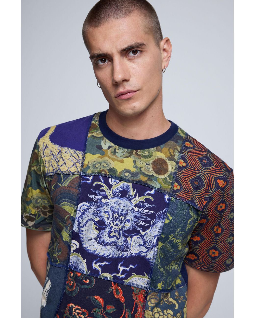 Desigual Gray Patchwork Printed T-Shirt, Cotton for men