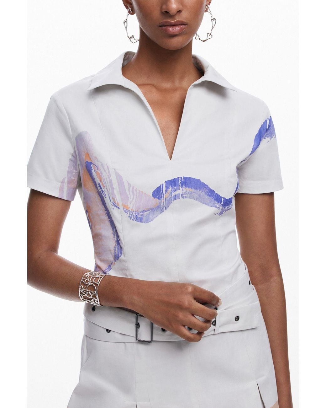 Desigual White Short Dress With Belt, Cotton