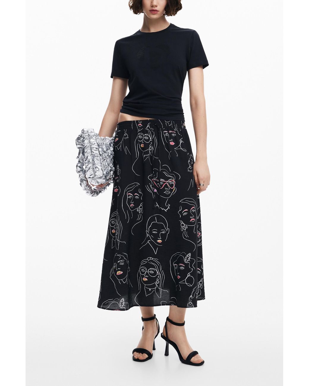 Desigual Blue Long Skirt With Faces