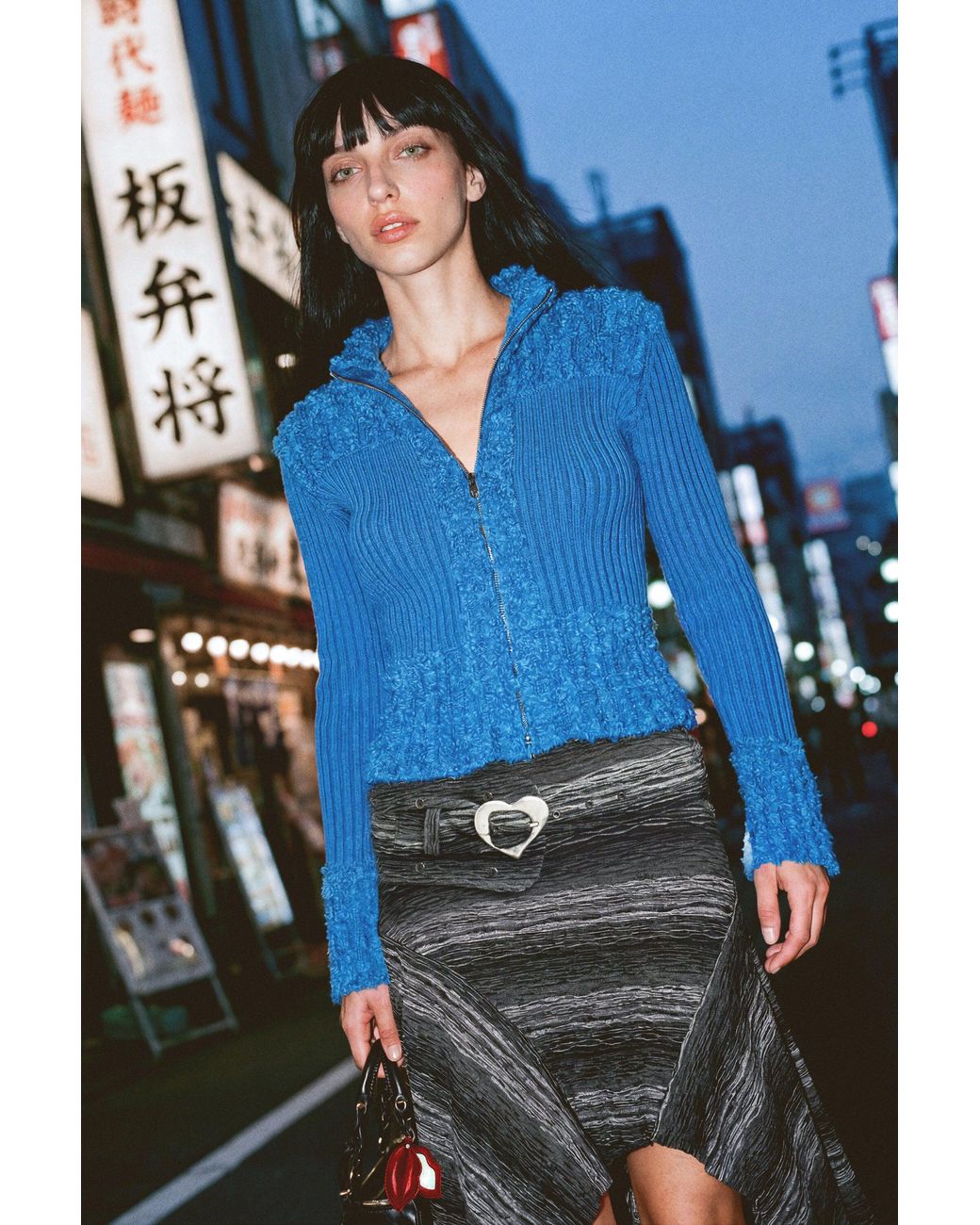 Desigual Blue Knitted Jacket With Mixed Fabrics