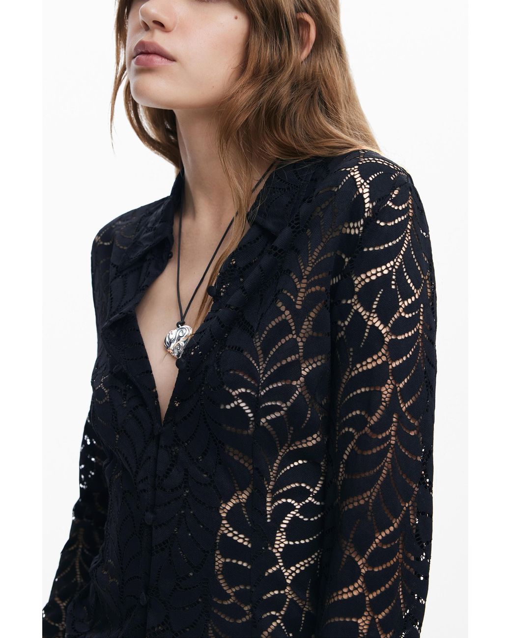 Desigual Blue Floral Lace Blouse, Polyamide