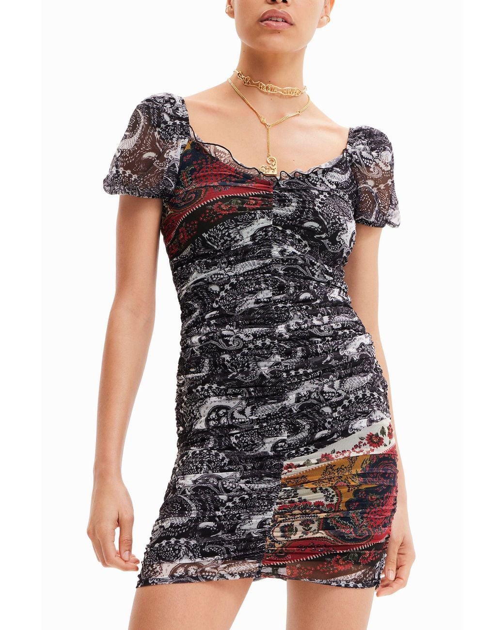 Desigual Black Short Ruched Paisley Dress, Polyester