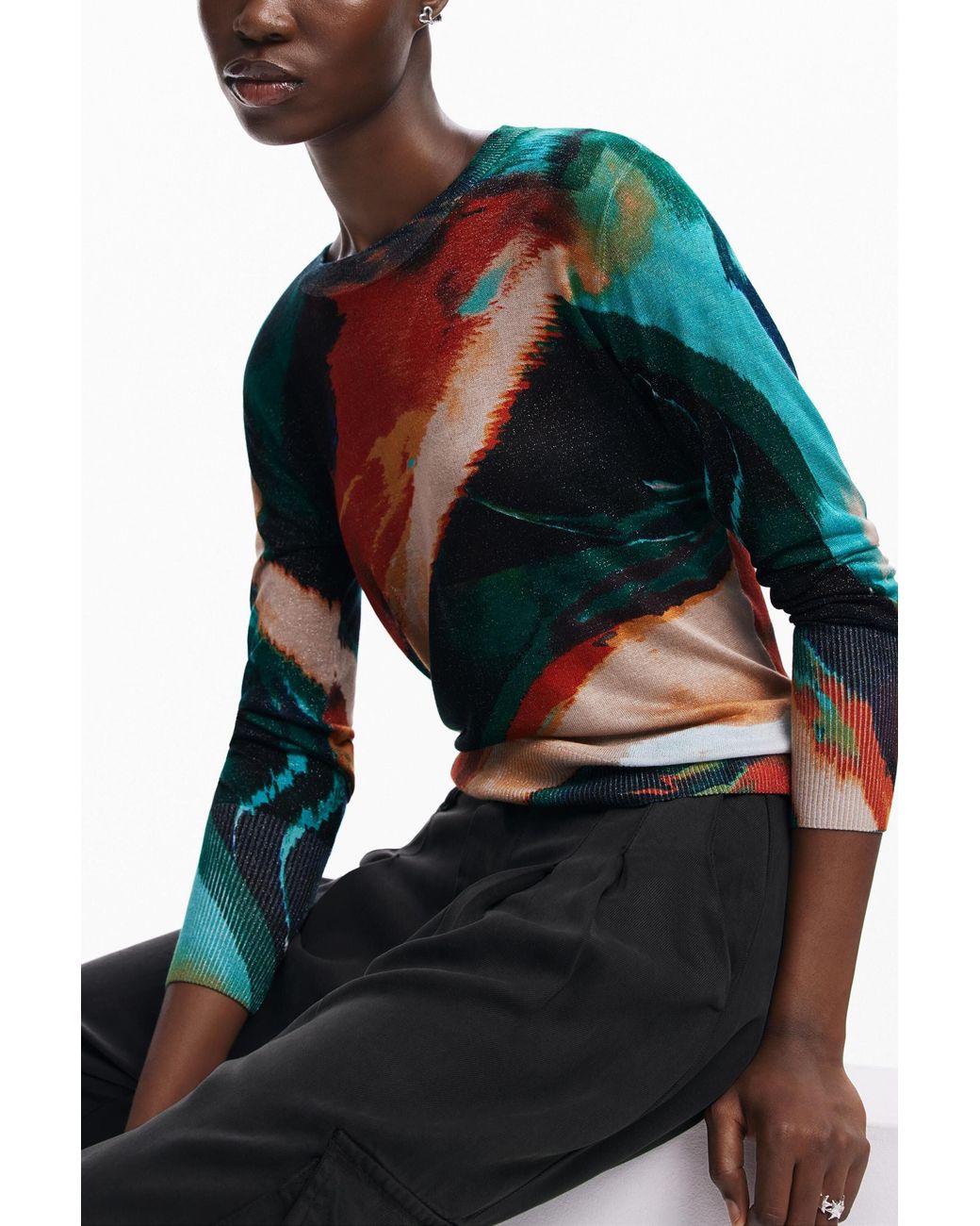 Desigual Green Fine Knit Arty Faded Sweater