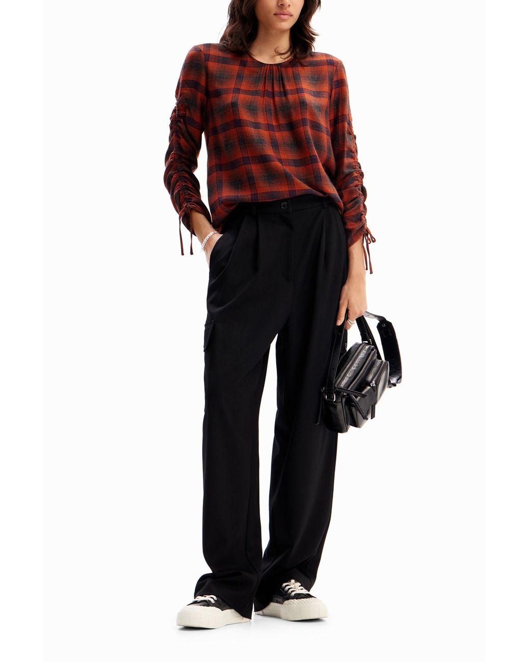 Desigual Red Adjustable Sleeve Plaid Blouse, Viscose