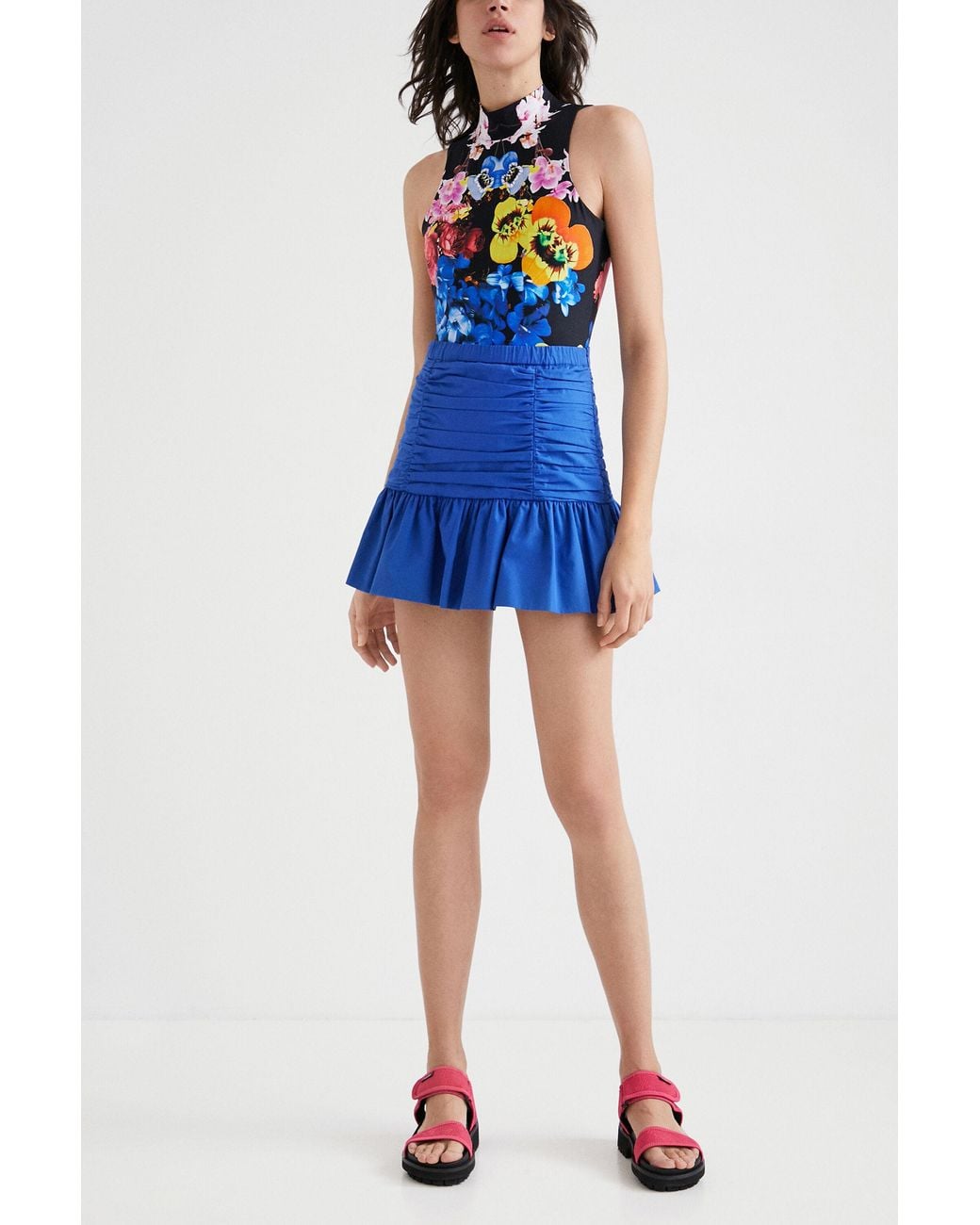 Desigual Blue Draped Flounce Mini Skirt, Cotton