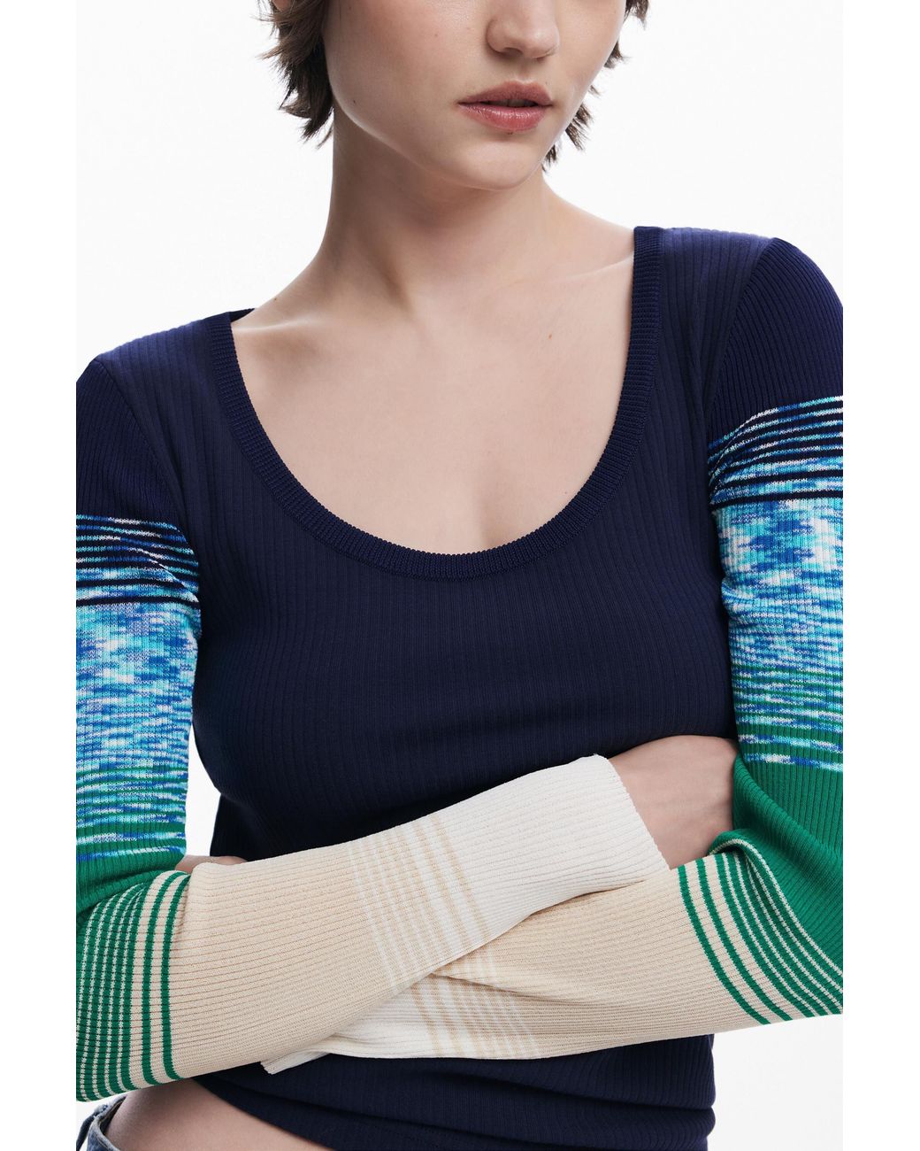 Desigual Blue T-Shirt With Printed Sleeves