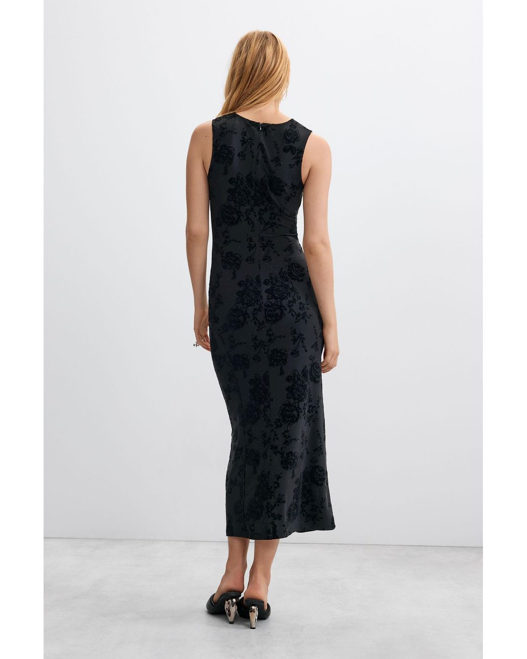 Desigual Black Midi Dress With Flocked Rhinestones, Polyester
