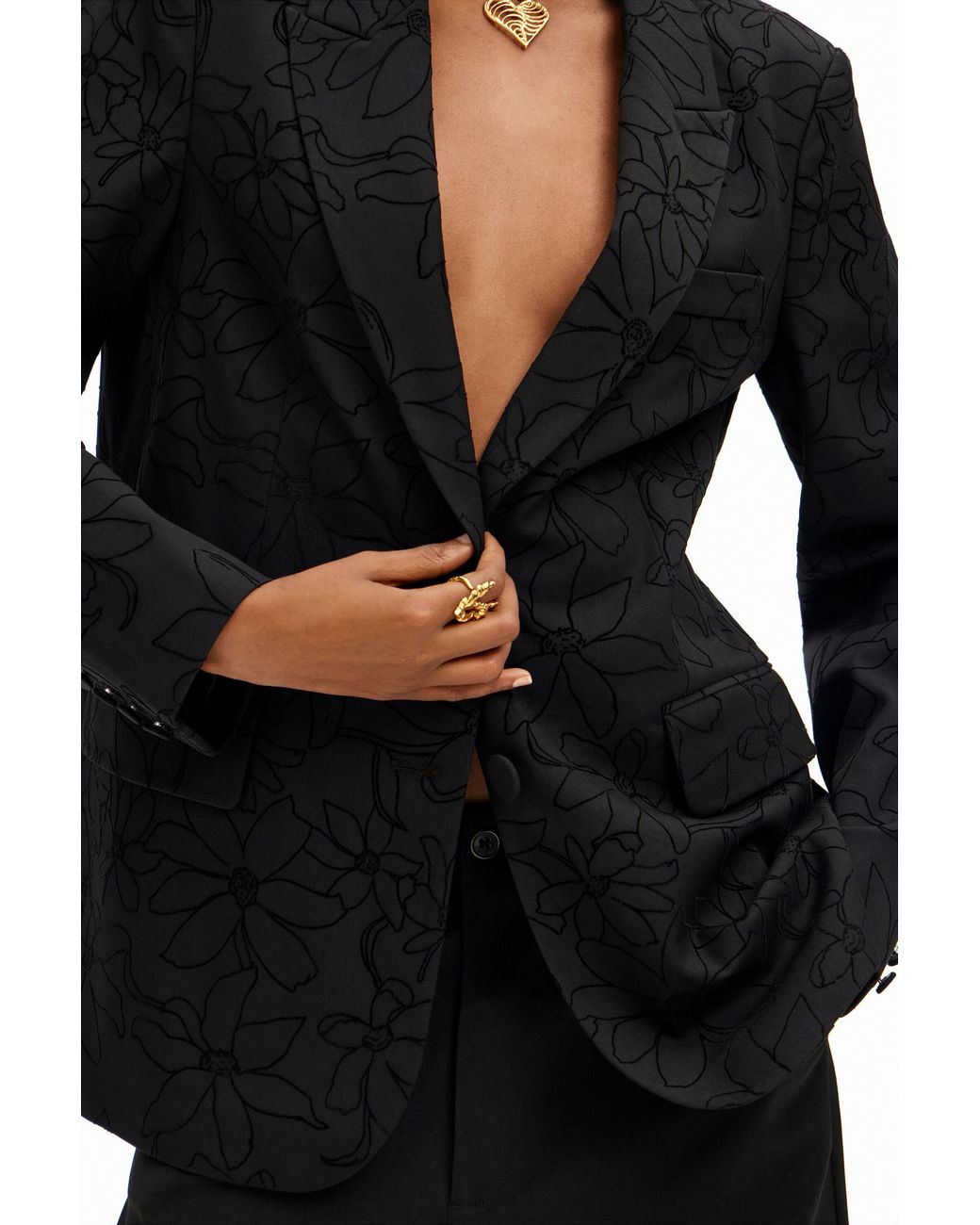 Desigual Black Blazer With Die-Cut Flower Silhouette