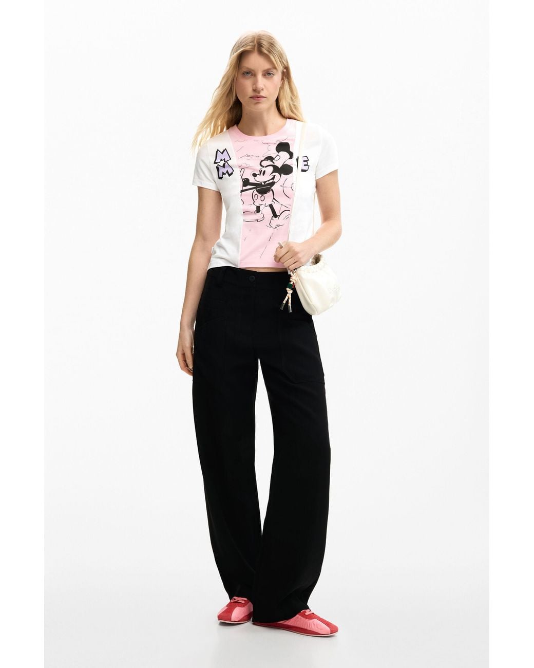 Desigual White Two-Tone Mickey Mouse T-Shirt, Cotton