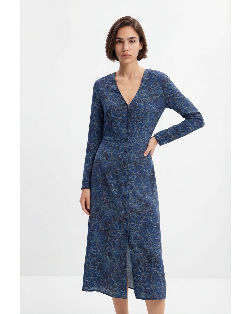 Desigual Blue Floral Midi Shirt Dress